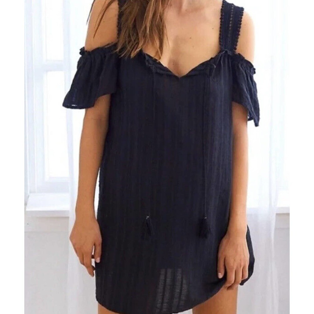 Aerie Beach Dress Sz Small Black Cotton Cold Shoulder Tassel Tie Neck Scalloped